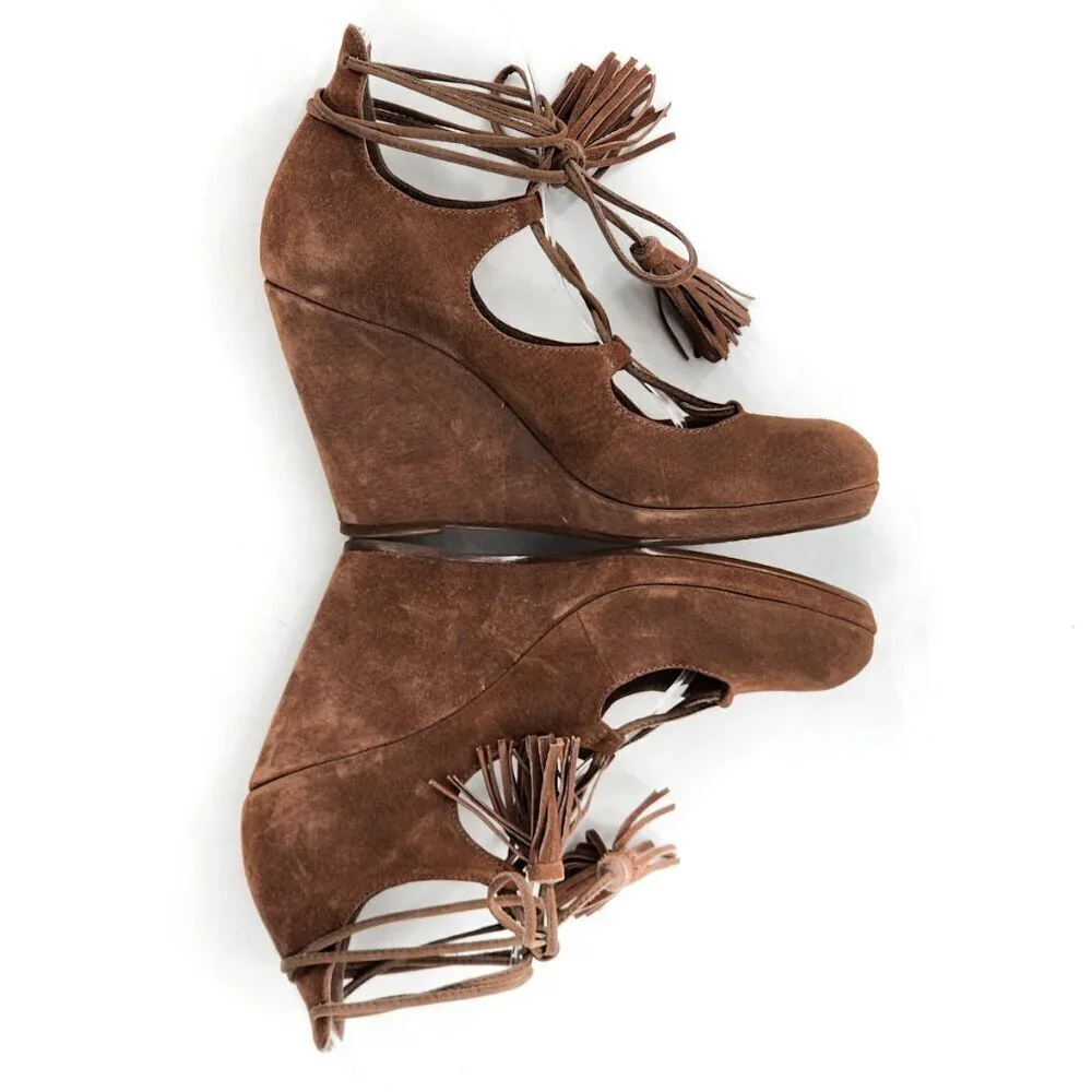 SCHUTZ Brown Suede Lace Up Wedge Heel Pumps With Tassels